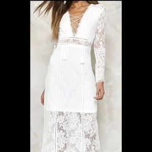 White Lace Maxi Dress, Lace Up Front and Open Back
